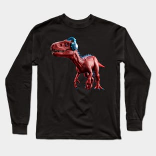 red and blue tyrannosaurus rex t-rext earing music with phones Long Sleeve T-Shirt